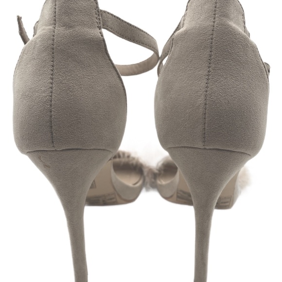 Cream Beige Dressy Faux Ostrich Feather & Suede Ankle Strap Open Toe Heels Shoes - Picture 6 of 7